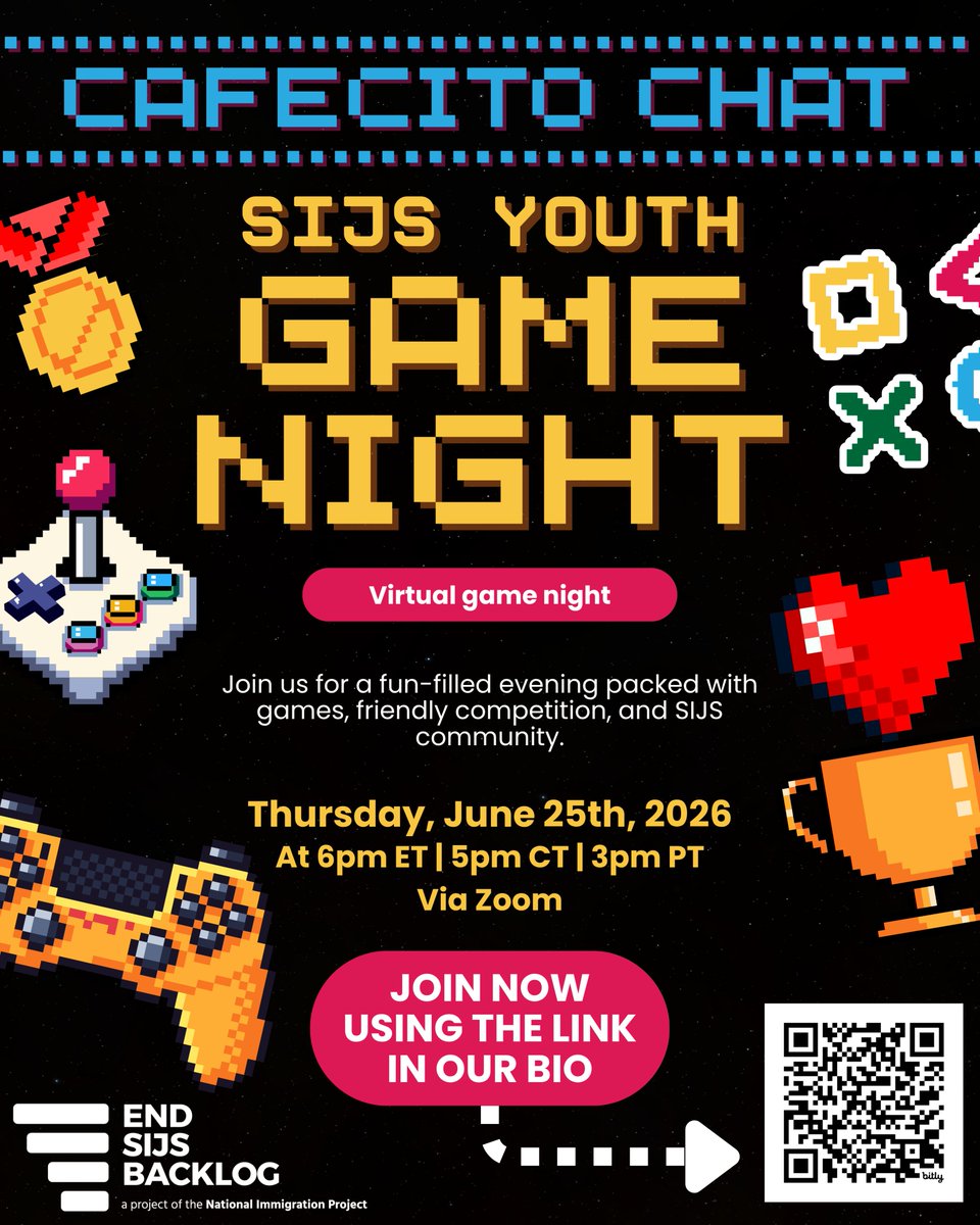 EndSIJSBacklog's tweet photo. 🗣️Calling all SIJS youth across the country for a virtual game night! 🎮🎲🎯

Are you a youth with SIJS?
Join us in community at our monthly Cafecito chat to play games and be in community with other SIJS youth on Thursday, June 25th at 6pm ET | 5pm CT | 3pm PT! https://t.co/du8XnpnDdd
