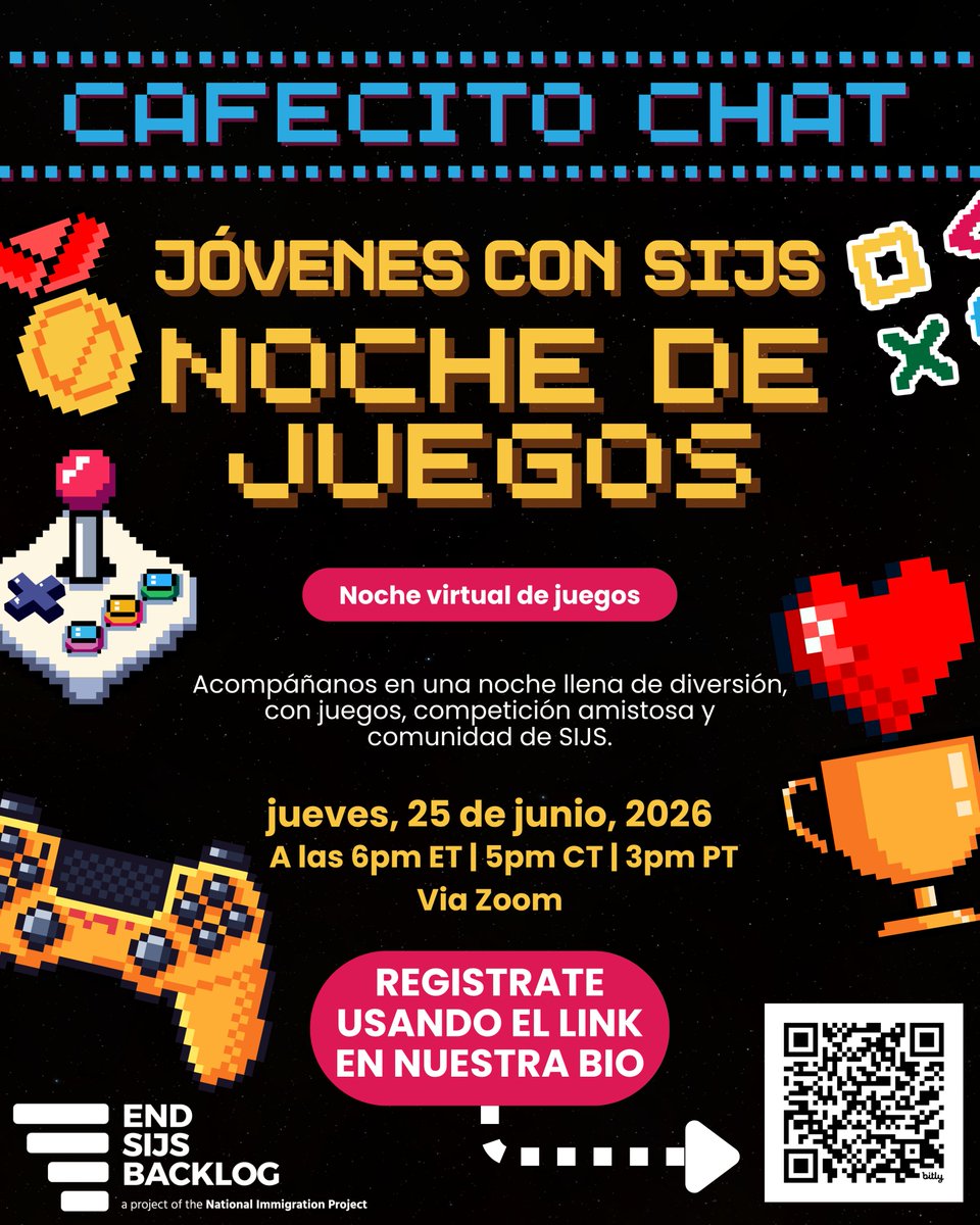 EndSIJSBacklog's tweet photo. 🗣️Calling all SIJS youth across the country for a virtual game night! 🎮🎲🎯

Are you a youth with SIJS?
Join us in community at our monthly Cafecito chat to play games and be in community with other SIJS youth on Thursday, June 25th at 6pm ET | 5pm CT | 3pm PT! https://t.co/du8XnpnDdd