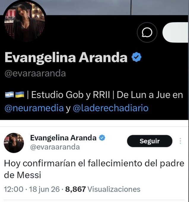 FUNDIDOSxMILEI's tweet photo. ⚠️🚨Hasta el momento NO se encuentra alguien q haya tuiteado sobre Jorge Messi ANTES d las 12:00 del mediodía.. 
ERGO: esta es Evangelina Aranda, la libertaria q tiró la fake news sobre el papá d Messi, q después repitieron los demás.
👇Fijate quiénes la rodean y quizás vas a entender todo..

#LaRutaDelDineroM #AdorniGate #AdorniChorro #AdorniCornudo $LIBRA #RenunciaMilei #ANDIS #AdorniCorrupto #LaGordaMilei #MileiTraidorALaPatria #MileiEstafador #MileiDestruyeArgentina #MileiVergüenzaMundial #KarinaCoimera #adornisiguesumando Occhiato Luzu Florencia Peña