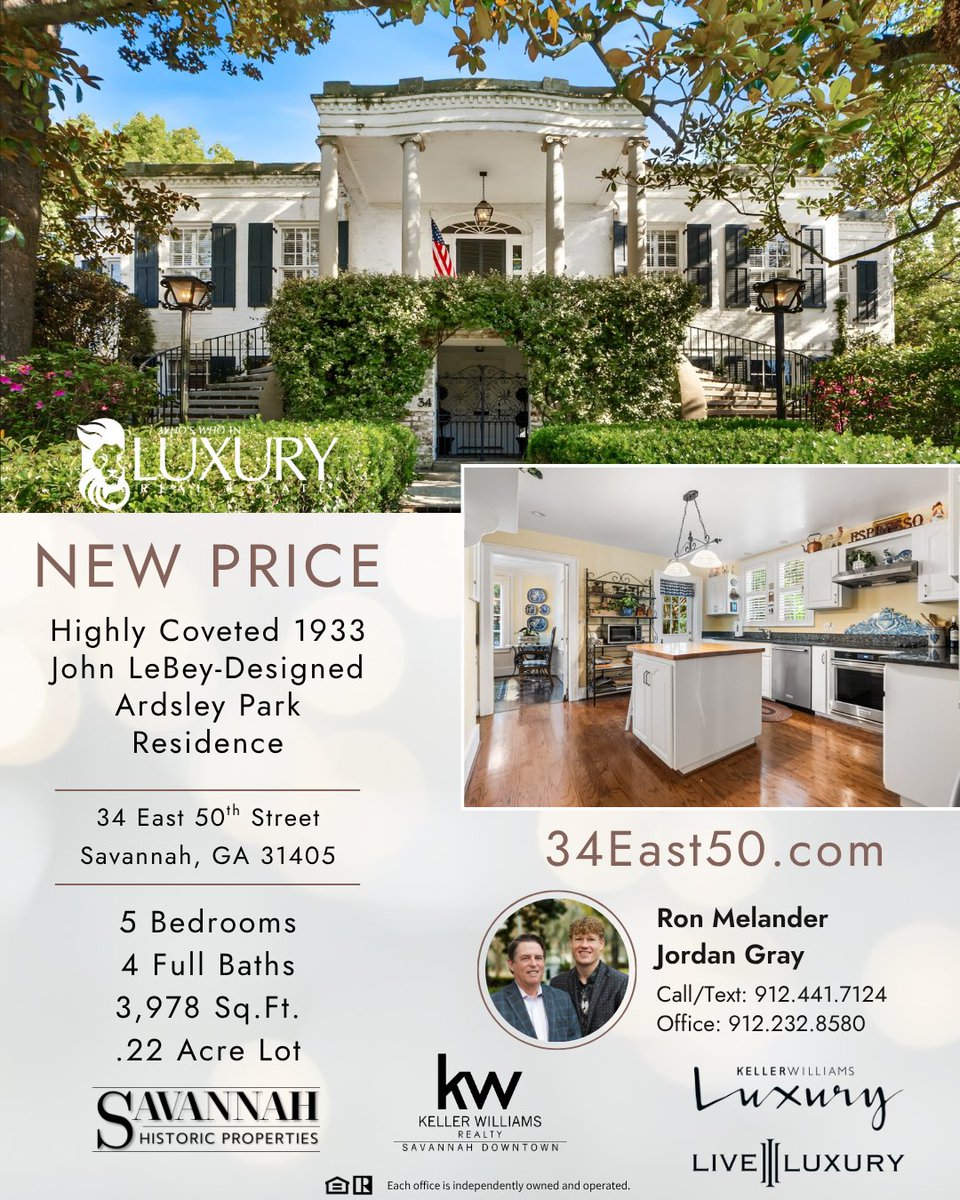 RonMelander's tweet photo. ✨ MAJOR PRICE IMPROVEMENT! Highly Coveted 1933 

📍 34 East 50th Street, Savannah, GA

🛏️ 5 bedrooms
🛁 4 full baths
🏡 3,978 square feet
🌳 0.22 acre lot

✨ Visit https://t.co/g32iCqDg8W to see all the details, images, virtual tour, listing status, and current pricing. https://t.co/n5vmoJY8Mk