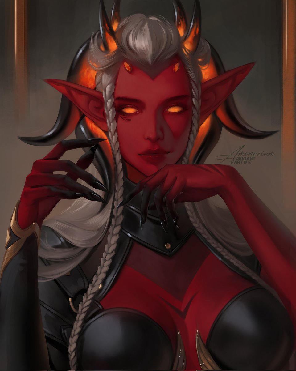 MahvenaT's tweet photo. Ok this OC is fairly new and specifically for Grimhollow/Dnd.

Her name is Lyzirith the Aspirant. She is a Teifling (Yes a Winged Teifling) she is a Warlock, her Patron is Asmodeus and she is attempting to become a Fiend. The Fiend Transformation mechanic is core to her character https://t.co/1ScZWrNPyu