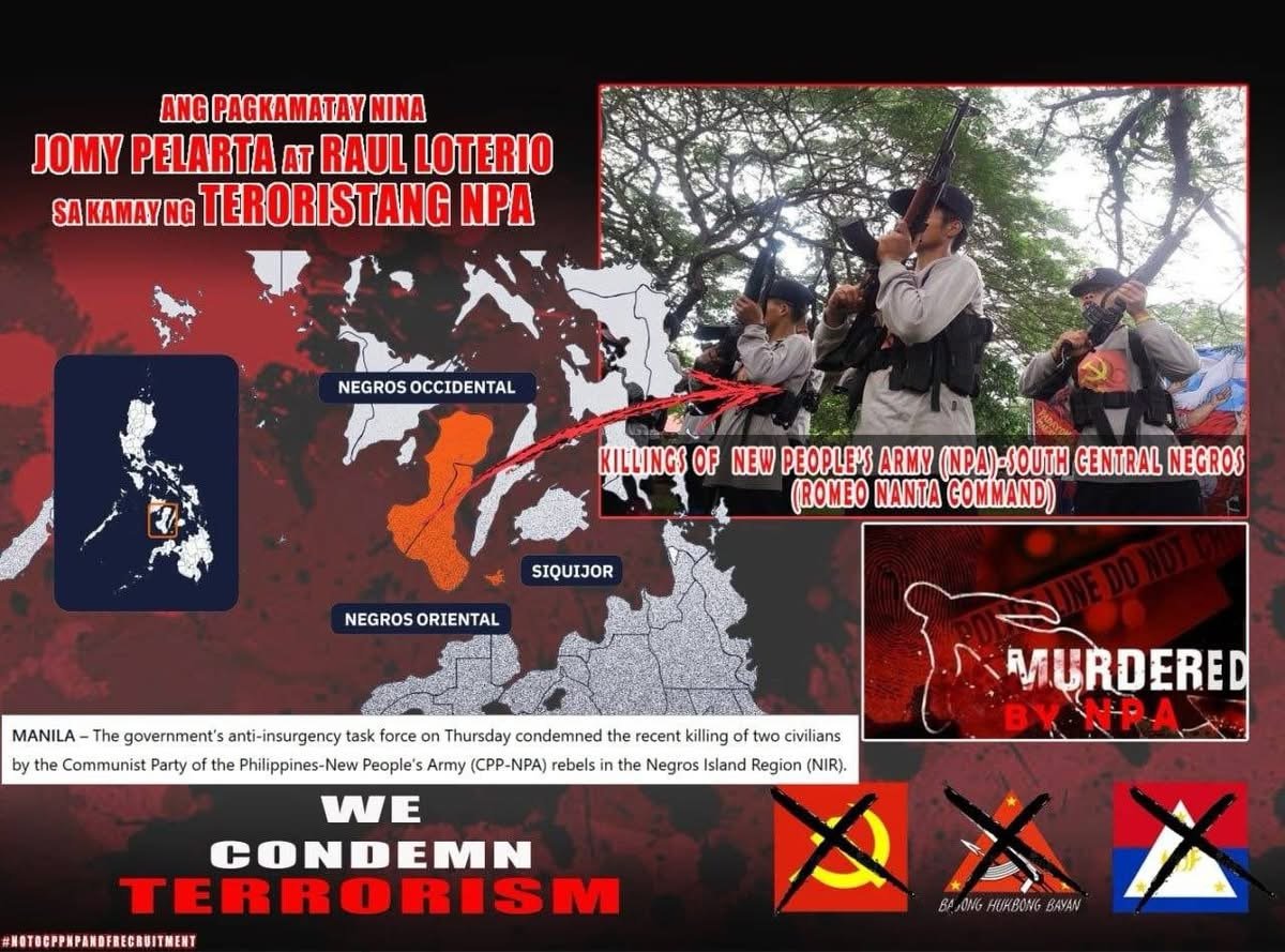 CommunismUnmask's tweet photo. No cause can ever justify the cold-blooded execution of civilians. The NPA’s killing of Jomy Pelarta and Raul Loterio was a cowardly act of terror. No ideology can justify murder justice and peace must prevail.
#NoToCPPNPANDF
#NotoCommunistIdeology https://t.co/7JDzEDoDZO