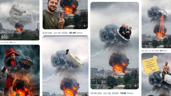 jalle51's tweet photo. Ukraine’s massive drone strikes on Moscow didn’t just hit refineries and air defenses — they hit Putin’s image. Social media across Russia and abroad is now flooded with mockery, memes and satire after a fuel‑tank lid was blown sky‑high and instantly became a symbol of Russia’s collapsing “security bubble.”
Images and clips from Moscow have turned into viral jokes: Putin’s face in the smoke clouds, Zelenskyy “greetings,” UFO riders, absurd edits — a full‑scale meme storm. It shows one thing clearly: even Russians no longer believe the Kremlin’s narrative of control.

When your capital is burning and the internet is laughing, the information war is lost.