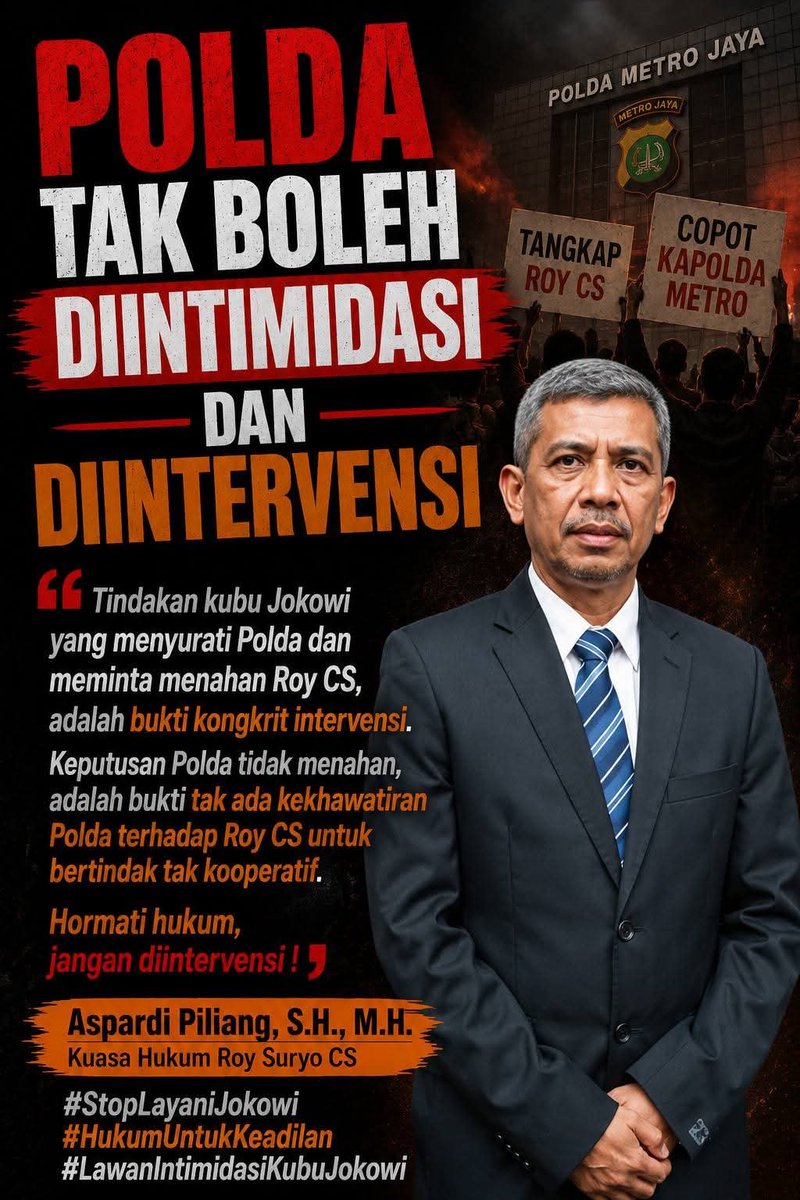 ArdieSuhardi321's tweet photo. BERKAS P21 ROY SURYO CS DITOLAK, PARCOK BERTINDAK...

TERNYATA PENYIDIK POLDA METRO JAYA DI INTIMIDASI DAN DI INTERVENSI OLEH SEKAWANAN TERMUL....‼️

#PrabowoLegalkanKorupsi
#PrabowoLegalkanKorupsi
🆘🆗 https://t.co/6T2wLpK4e3