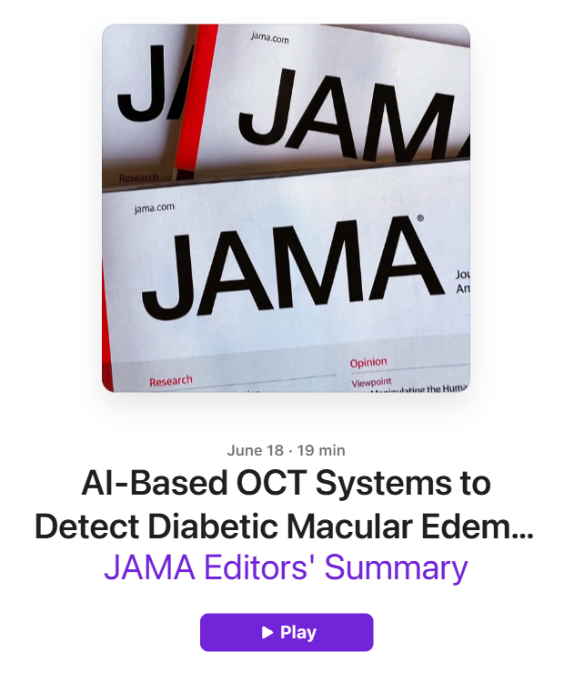 JAMA_current's tweet photo. In this podcast, JAMA Editor in Chief Kirsten Bibbins-Domingo, PhD, MD, MAS, and Deputy Editor Preeti Malani, MD, MSJ, discussed the latest science published in JAMA:
➡️ #AI-Based OCT Systems to Detect #Diabetic #Macular #Edema,
➡️ Low Back Pain Review,
➡️ Healthy Dialogue on Early-Onset #Cancer, and more.
🎧 Listen now: https://t.co/uX9QWS8amp