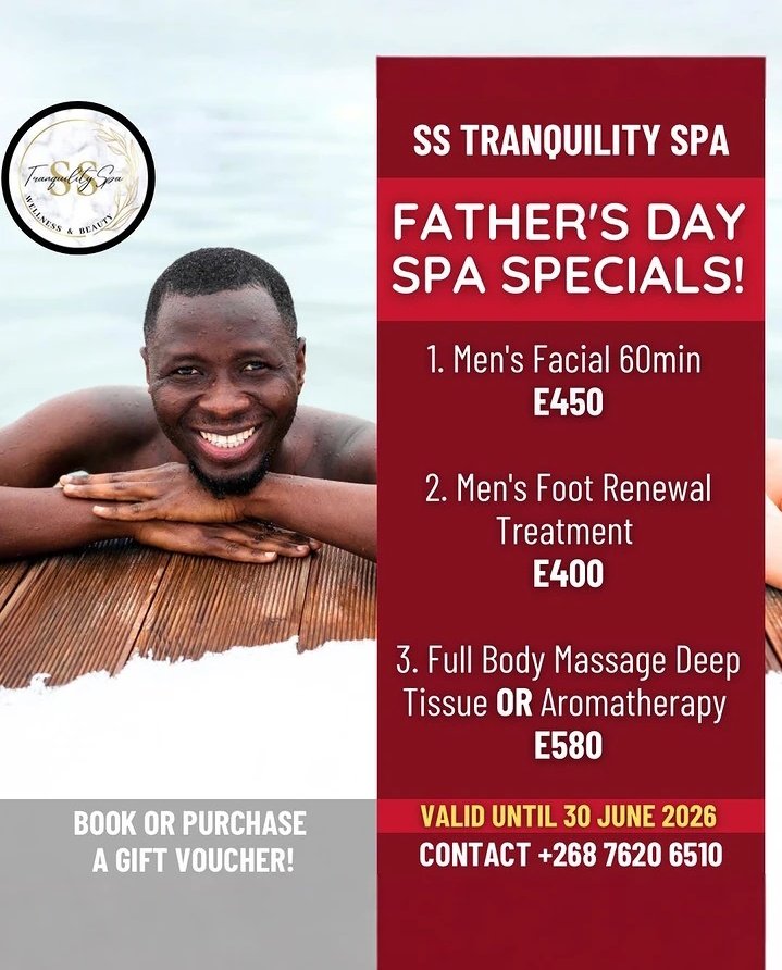 umhlangaswz's tweet photo. Men's Health Month and Father's Day Specials 🍃✨
Indulge in some self-care, pamper yourself and ease the stress, let your body harmonise with your mind. 💆🏾♂️🍃
Mental health needs support: talk to someone, seek professional help if need be.
#ForMen #Health #LoveEswatini https://t.co/XoBWnr2hrh