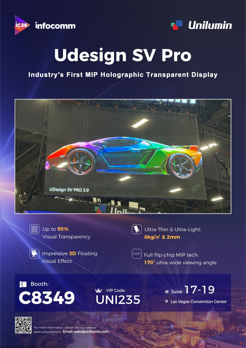 UniluminDisplay's tweet photo. 🎉#Unilumin Udesign SV Pro claims 2026 #InfoComm #BestofShow – #DigitalSignage award! Grateful to judges for honoring our #holographic #transparentLED. 

It features AM-#MIP tech with up to 95% transparency &amp; immersive 3D visuals. Visit our booth C8349 to experience it in person! https://t.co/AnKx2NUuhr