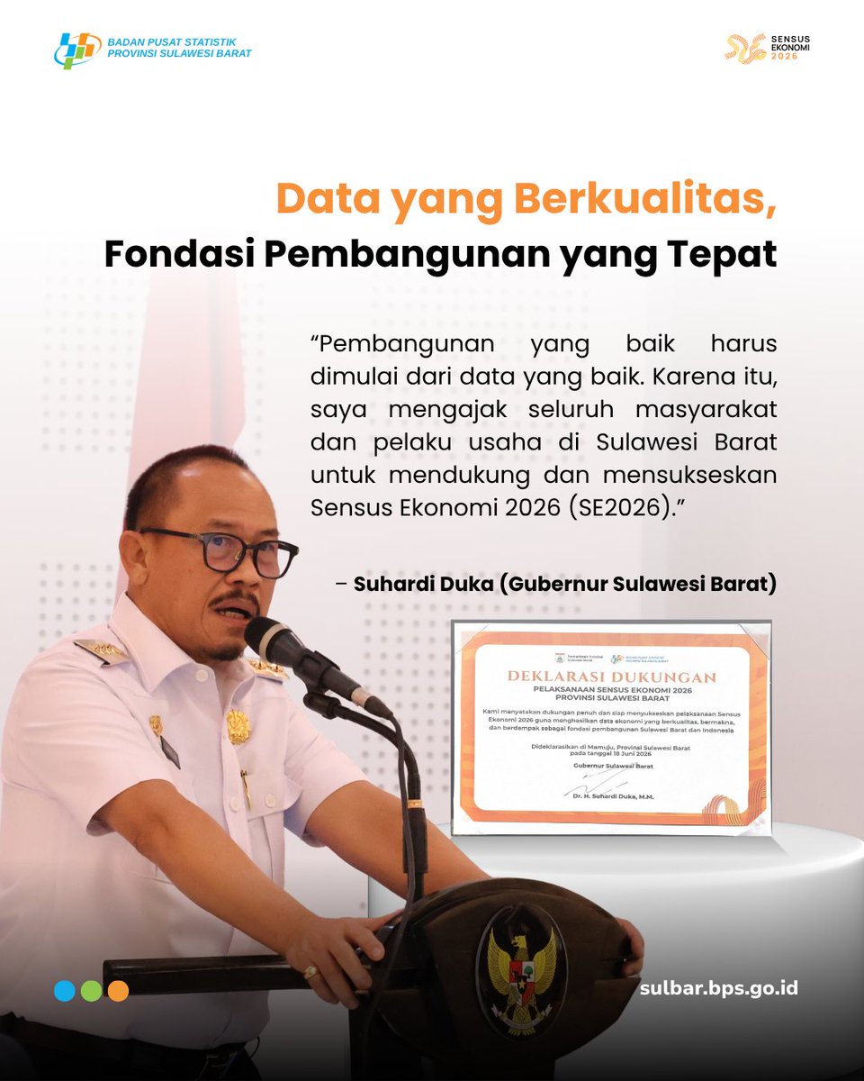 bps_sulbar's tweet photo. Pemerintah Provinsi Sulawesi Barat bersama BPS resmi mencanangkan Pelaksanaan SE2026 Provinsi Sulawesi Barat. Pencanangan dilakukan oleh Gubernur Sulawesi Barat bersama Deputi Bidang Neraca dan Analisis Statistik BPS RI didampingi Kepala BPS Provinsi Sulawesi Barat.

#SE2026 https://t.co/j0oIbqnxax