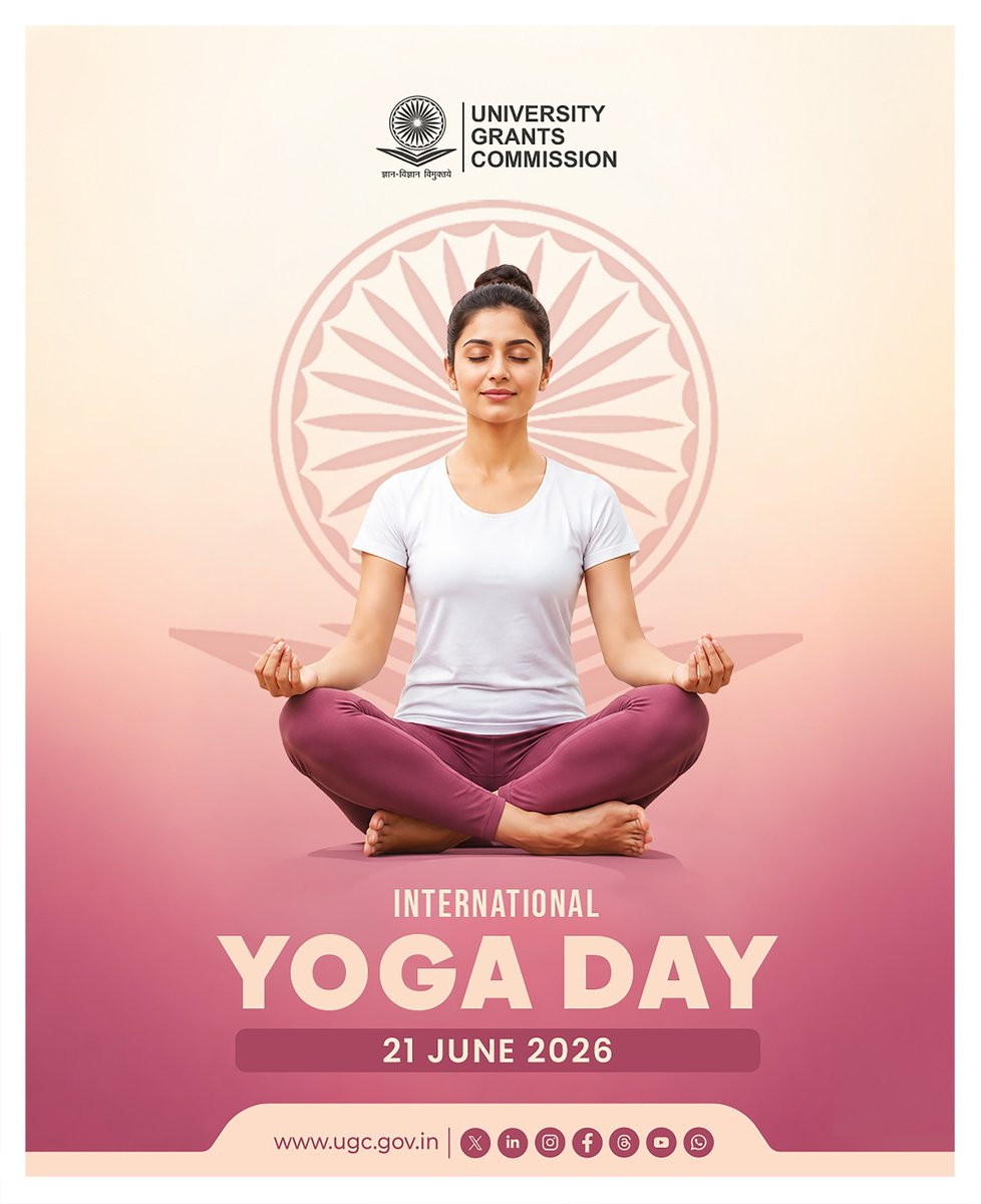 ugc_india's tweet photo. 🧘‍♀️ Celebrate International Day of Yoga 2026!

UGC extends warm wishes to everyone on the occasion of International Day of Yoga 2026.

Let us embrace this year's theme, Yoga for Healthy Ageing (Swasth Ayu Ke Liye Yoga), and make yoga an integral part of our daily lives for better health, well-being, and active ageing.

Together, let us build a healthier future through the practice of yoga.

#InternationalDayofYoga2026 #IDY2026 #YogaForHealthyAgeing #SwasthAyuKeLiyeYoga #Yoga 

@PMOIndia @EduMinOfIndia @moayush @PIB_India