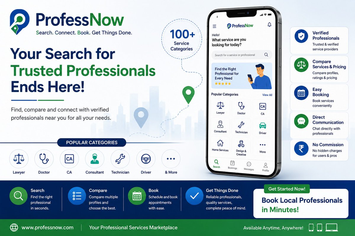 SnehaCotocus's tweet photo. 🔎 Looking for trusted professionals near you?
Find plumbers, teachers, lawyers, cleaners, electricians, consultants &amp; more.
✅ Compare profiles
✅ Check pricing
✅ Book instantly
✅ Zero commission
🌐 https://t.co/puojhVXBjk
#ProfessNow #LocalServices #BookOnline #Professionals https://t.co/GGgwRWtVTQ