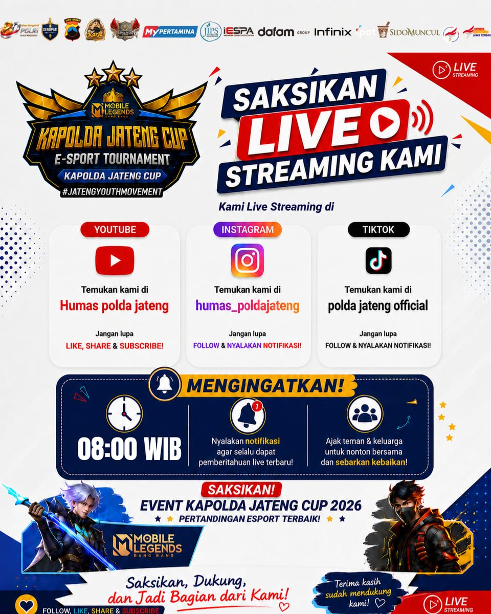 abirama07's tweet photo. Kamu juga bisa join bareng kita secara live streaming pada beberapa kanal media sosial ini. Yuk meriahkan dan semarakkan event gede Kapolda Jateng Cup 2026 ini. 

#KapoldaJatengCup2026 #EsportJateng #JatengYouthMovement #EsportsIndonesia https://t.co/MabYbJk91p