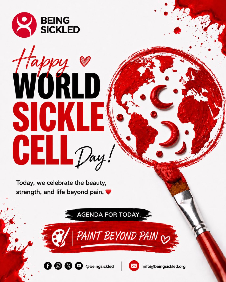 beingsickled's tweet photo. Happy World Sickle Cell Day. ❤️🌍

We celebrate the strength, resilience, creativity, and achievements of individuals living with sickle cell disorder around the world.

Today's agenda: 🎨 Paint Beyond Pain

#WorldSickleCellDay #BeingSickled #PaintBeyondPain #SickleCellAwareness https://t.co/IznGsPv4b7