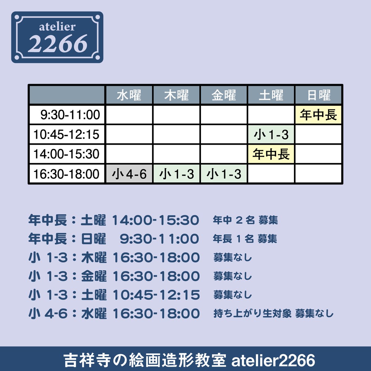 atelier2266's tweet photo. 日曜年中長クラス7月開講！
年中長クラス土曜：年長1名、日曜：年中2名 空席ございます。
入会は6/28日か7/5日のオープンクラスにご参加の上ご相談ください。
#絵画教室 #美術教室 #吉祥寺 #年中 ＃年長
https://t.co/l6p9Ffsd9d https://t.co/cvPvcpsS1b