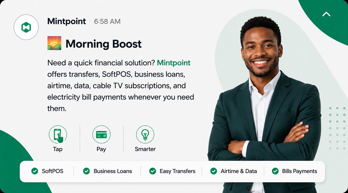 MintpointPOS's tweet photo. 🚀 Start your day with a financial boost!
Manage transfers, access business loans, pay bills, buy airtime and data, and enjoy seamless SoftPOS solutions, all in one place with Mintpoint. 💚
#GrowWithMintpoint  #SmartPayments https://t.co/1EfQHVSQhi