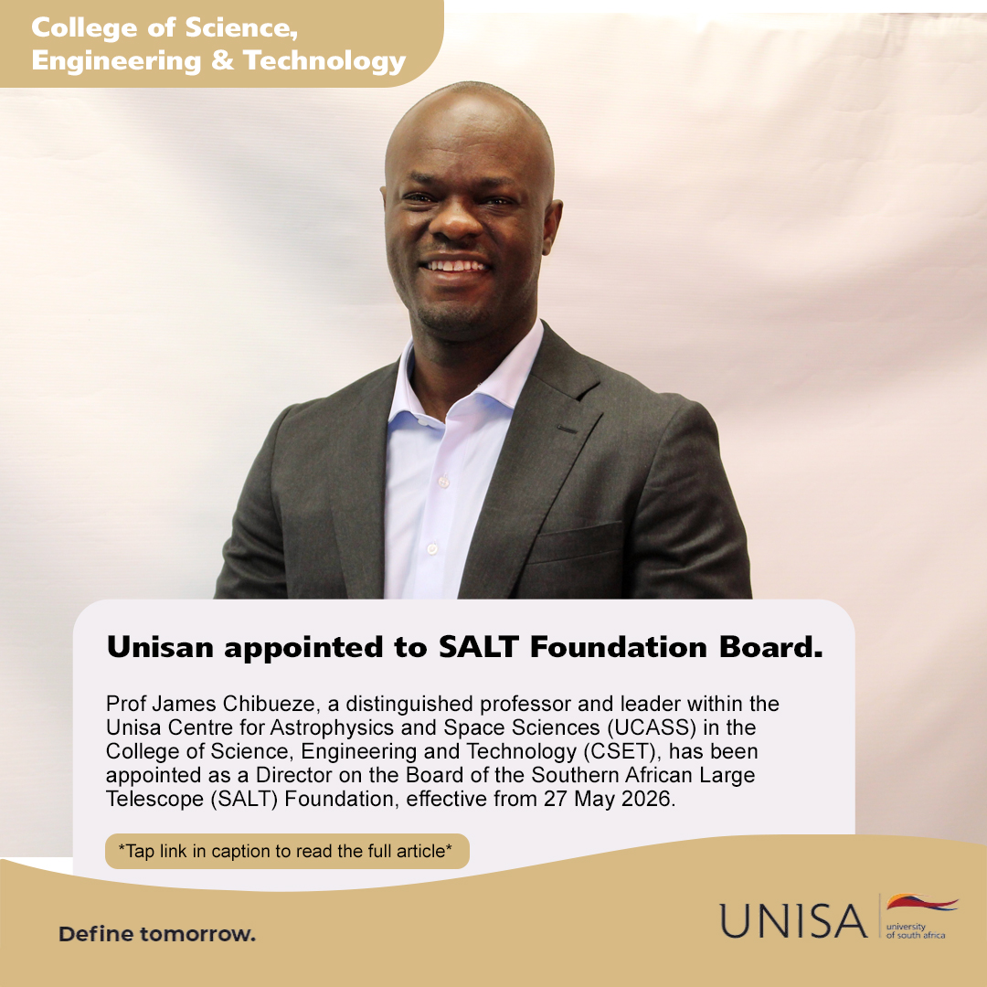 unisa's tweet photo. The College of Science, Engineering and Technology's Prof James Chibueze has been appointed as a Director on the Board of the Southern African Large Telescope Foundation, which oversees the largest single optical telescope in the Southern Hemisphere. 

https://t.co/ovYnngpmr7 

#Unisa150andBeyond #UnisaCSET
