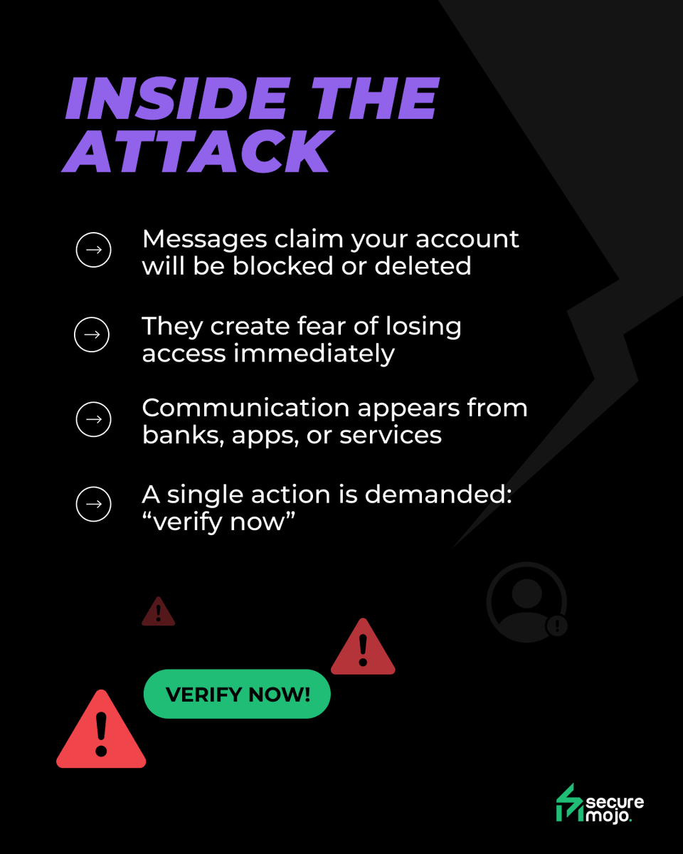 SecureMojo's tweet photo. The message says "Act now" 👀
That's exactly why you should slow down ⚠️
 
#SecureMojo #Cybersecurity #OnlineSafety #DigitalHygiene #UrgencyScam #SocialEngineering #FearBasedScams #hackerspov https://t.co/c2YEEFJ3MN