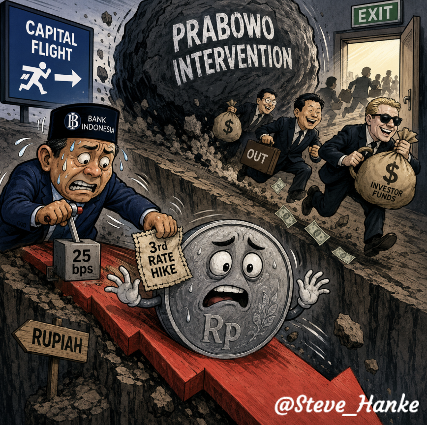steve_hanke's tweet photo. In another FUTILE attempt to support the TANKING rupiah, Bank Indonesia raised its benchmark rate another 25 bps.

This is the 3RD RATE HIKE in the past 4 weeks. https://t.co/nNEUi0bNar