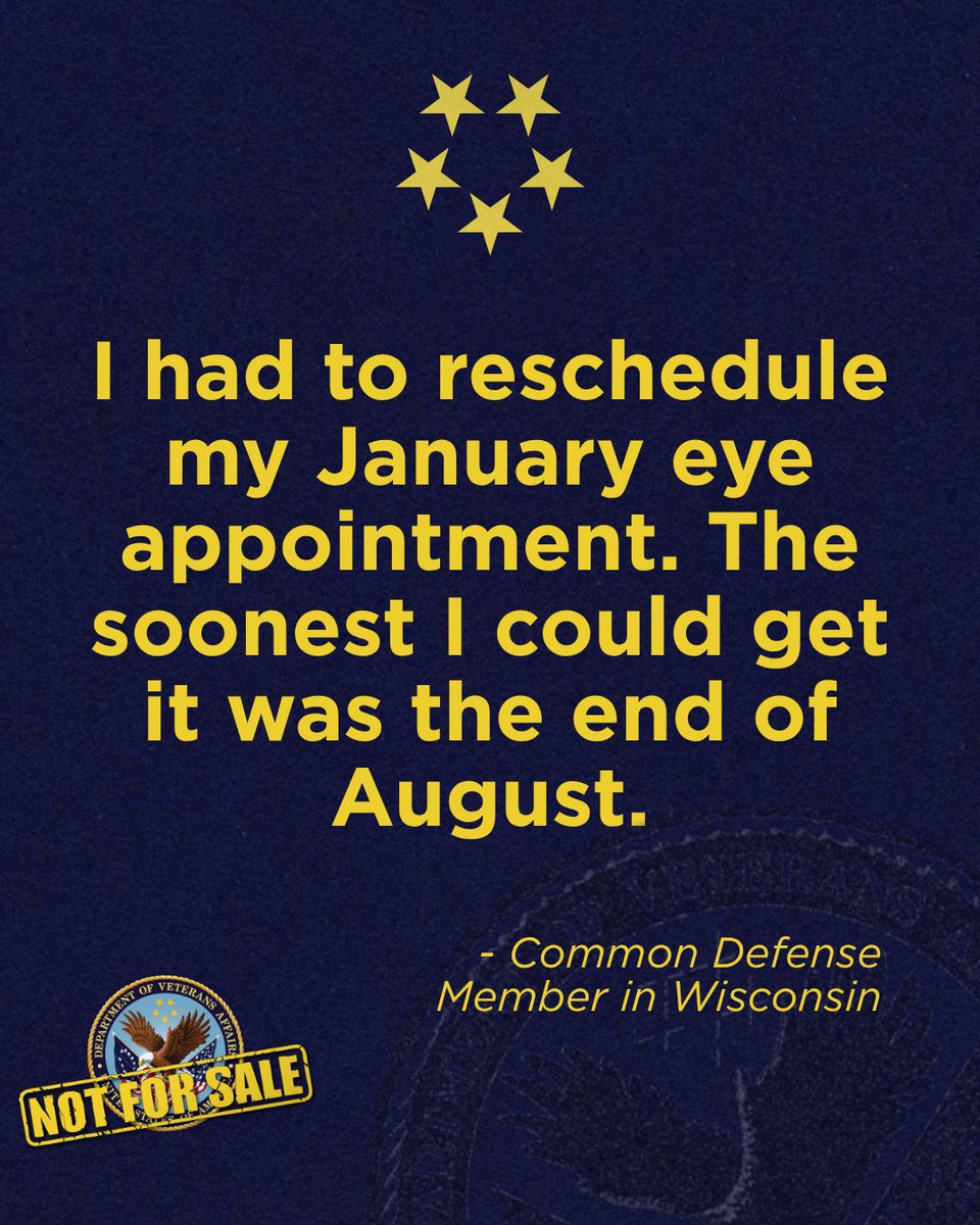 commondefense's tweet photo. January eye appointment.
Rescheduled to the end of August.
Seven months.
Project 2025 calls this reform.
@SecVetAffairs calls this efficient.
Veterans call it what it is.
Share your story: https://t.co/sYwPaKQhAB
#VANotForSale https://t.co/AcaosMDl3g