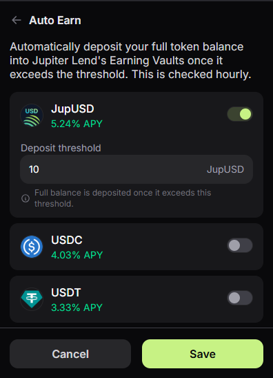 jupiter_earn's tweet photo. One of the most under-rated features in @jup_wallet is Auto Earn.

Opt in, set a trigger, and your stables start earning automatically via Jupiter Lend.

The future of finance is frictionless and works for you. https://t.co/krvifAFyRc