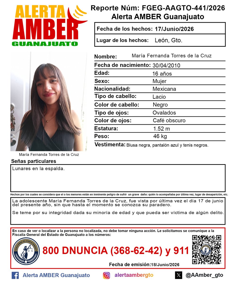 AAMBER_gto's tweet photo. Activación de la Alerta AMBER Guanajuato de la adolescente María Fernanda Torres de la Cruz de 16 años, León, Gto. ¡Ayúdanos a localizarla! https://t.co/gI4uryAJ9M