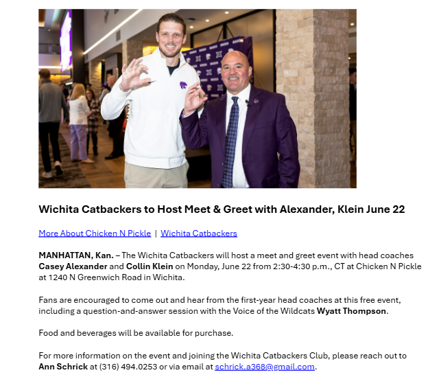KWCHTejay's tweet photo. FYI for 'Cats fans in Wichita -- First-year head coaches Collin Klein and Casey Alexander will be in Wichita on Monday for a meet-and-greet at Chicken N Pickle.
The event will begin at 2:30 pm. #KStateFB #KStateMBB @KWCH12 https://t.co/NxTiqhpTPh