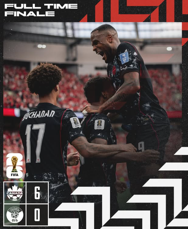 Yvan_Baker's tweet photo. History made! Congratulations to Canada’s Men’s National Team on a record-setting 6–0 victory, Canada’s first-ever win at the World Cup.

On home soil, under the Maple Leaf, our team showed the world what Canadian soccer has become: bold, confident, united, and ready to compete with anyone.

This is a proud night for our country, for Canadian soccer, and for every young player who dreams of one day wearing Canada’s colours.

The Maple Leaf flies high tonight.

Go Canada! Allez les Rouges!

Let's keep it going! #CanMNT
