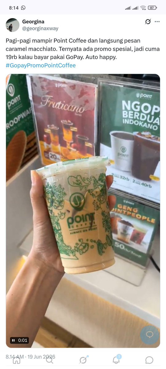 uchiha44754's tweet photo. Abis mampir ke Point Coffee tanpa ekspektasi apa-apa, pulangnya malah senyum karena caramel macchiato cuma 19rb pakai QRIS GoPay. Promo kayak gini yang dicari. #GopayPromoPointCoffee https://t.co/F108NC8kMd