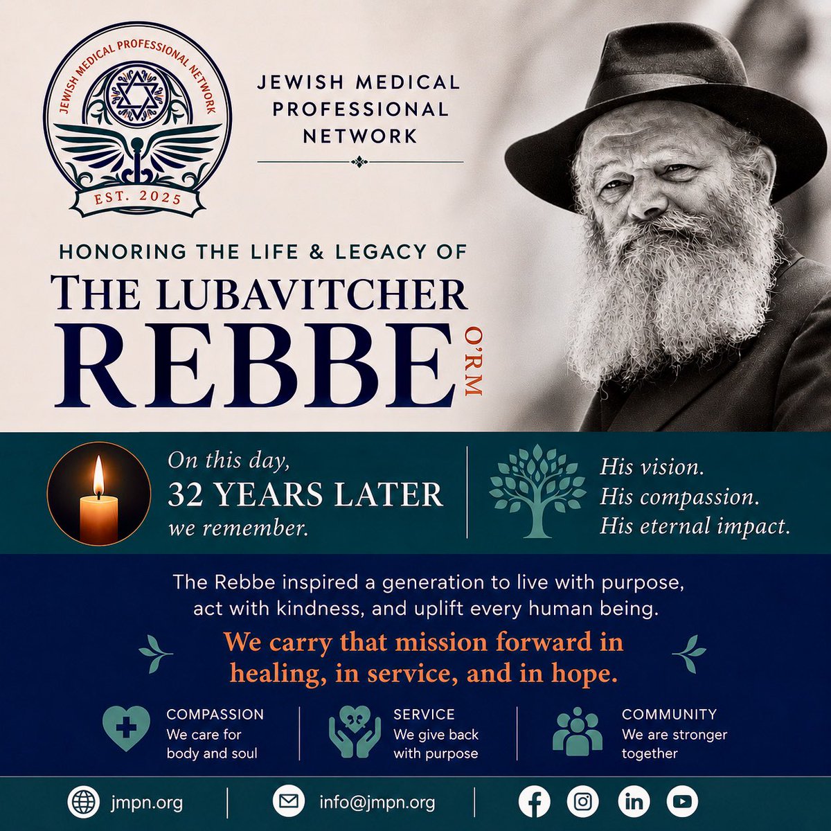 TheJMPN's tweet photo. 🕯️ Honoring the Lubavitcher Rebbe, O’RM, 32 years after his passing.

His vision, kindness, and leadership continue to inspire us to serve others and make a positive impact in the world. https://t.co/2g2owWx1Ki