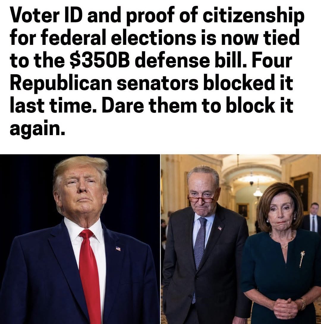 GOP_is_Gutless's tweet photo. Last time, the SAVE Act died 48-50 after Murkowski, McConnell, Collins & Tillis joined every Democrat to kill it.

Now it’s attached to the Pentagon’s $350B funding bill.
Blocking voter ID now means blocking military funding — on the record, in an election year, against the wishes of 80% of Americans.

Trump just flipped the math.