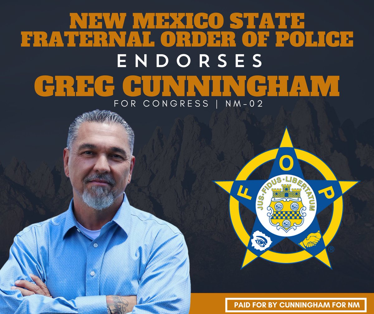 cunninghamfornm's tweet photo. I spent decades on the front lines with APD, taking on cartels, gangs, and violent crime to keep New Mexico families safe. Today, I’m humbled to have the endorsement of the New Mexico State Fraternal Order of Police.
I know what these men and women face every day because I’ve stood where they stand. Unlike Gabe Vasquez, I’ll always have their backs in Congress. #NM02
