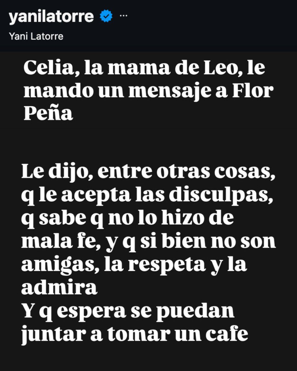 aarontsuarez's tweet photo. Según YANINA LATORRE, CELIA, la mamá de MESSI, se comunicó con FLOR PEÑA: aceptó las disculpas, sabe que no lo hizo de mala fe y espera que puedan tomar un café juntas. https://t.co/qne26Yq8yu
