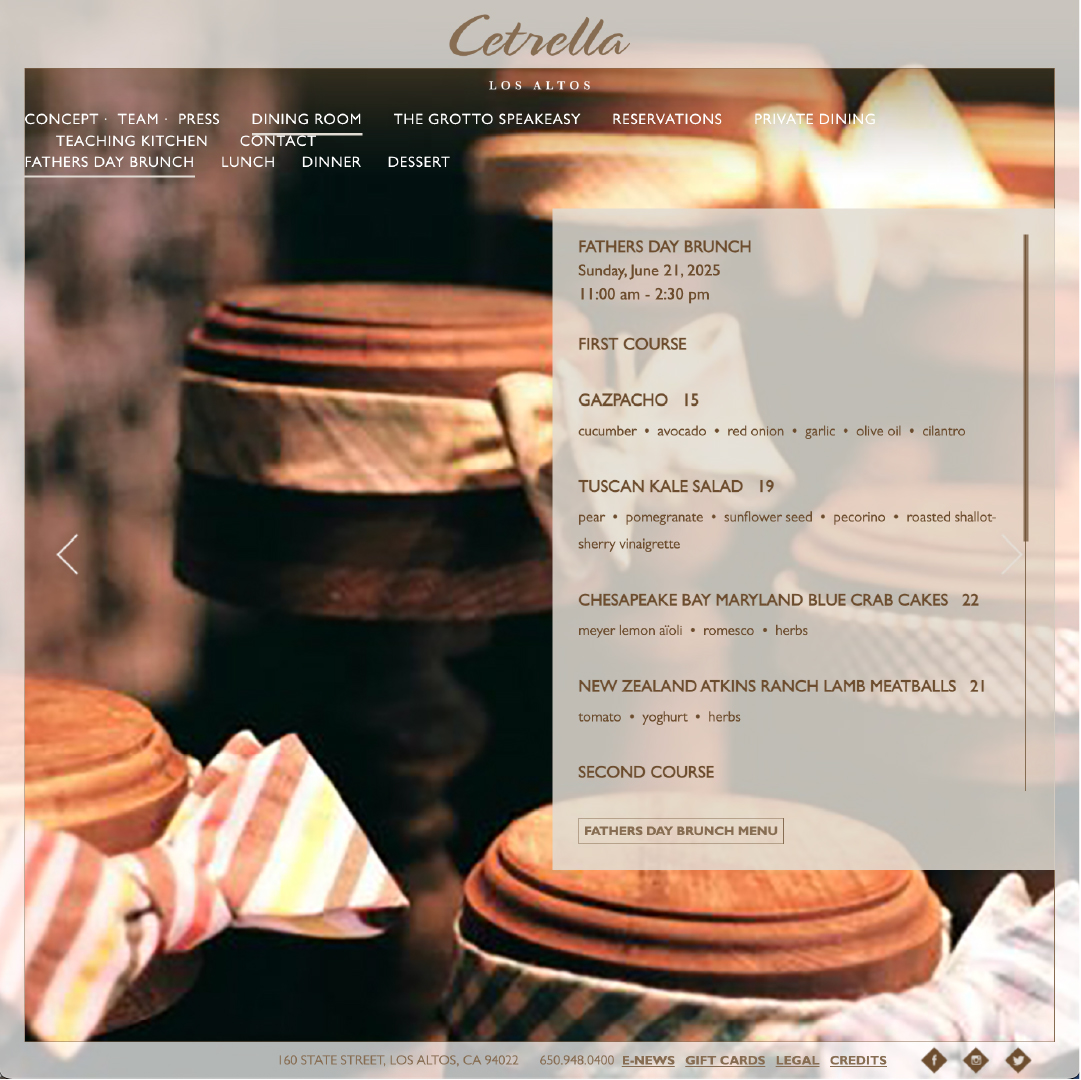 CetrellaLosAlt's tweet photo. Fathers Day Dining at Cetrella
Sunday, June 21, 2026
Brunch 11:30-2:00 
https://t.co/HsqaE7R3A7

Dinner   5:00-8:30 
https://t.co/gKbPNxwyYa

BOOK https://t.co/qsQCZVuEBH

#fathersday2026 #happyfathersday #siliconvalleydads #losaltos #restaurants #restaurantsnearme #finedining https://t.co/whvflO2dvj