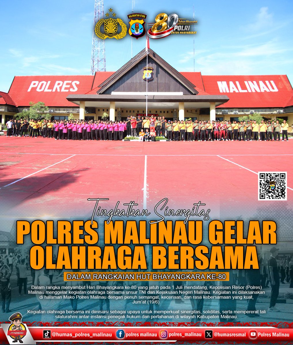 HumasResmal's tweet photo. Dalam rangka menyambut Hari Bhayangkara ke-80 yang jatuh pada 1 Juli mendatang, Kepolisian Resor (Polres) Malinau menggelar kegiatan olahraga bersama unsur TNI dan Kejaksaan Negeri Malinau. Kegiatan ini dilaksanakan di halaman Mako Polres Malinau dengan penuh semangat, keceriaan. https://t.co/tGmw2vedYC