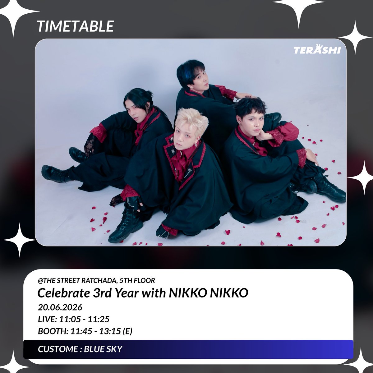 OfficialTerashi's tweet photo. ตารางงาน TERASHI มาแล้ววว
วันที่ 20 มิถุนายน 2026
LIVE : 11:05 - 11:25
BOOTH : 11:45 - 13:15 (E)
CUSTOME : BLUE SKY
#thaiidol #Japanidol #terashi #NIKKONIKKO https://t.co/Ws4pnCgYOL