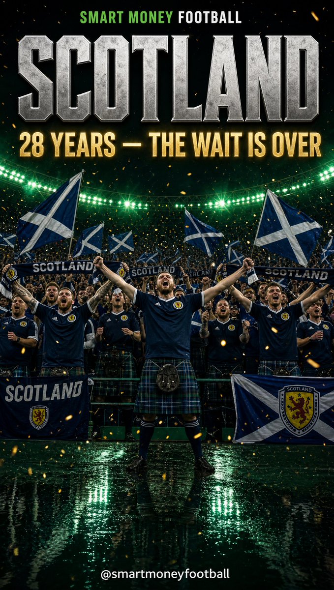SmartMoneyFC's tweet photo. Meet SCOTLAND 🏴 The Tartan Army is back after 28 years! Robertson, McTominay &amp; McGinn under Steve Clarke. Today vs Morocco — the wait is over!
#Scotland #TartanArmy #WorldCup2026 #McTominay #SmartMoneyFootball https://t.co/RDaMsRk334