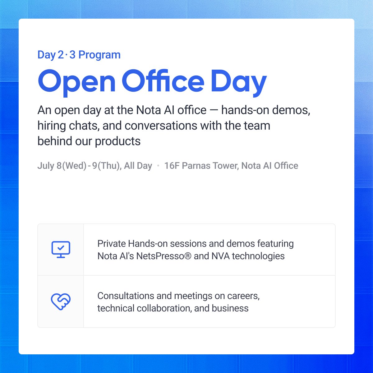 nota_ai's tweet photo. 𝗝𝗼𝗶𝗻 𝗡𝗼𝘁𝗮 𝗔𝗜’s 𝗞𝗼𝗿𝗲𝗮 𝗘𝗳𝗳𝗶𝗰𝗶𝗲𝗻𝘁 𝗗𝗮𝘆𝘀 𝗗𝘂𝗿𝗶𝗻𝗴 𝗜𝗖𝗠𝗟 𝟮𝟬𝟮𝟲
Held alongside #ICML2026, Korea Efficient Days brings together researchers, engineers, and industry professionals interested in the future of #EfficientAI.
👉 https://t.co/71VSSFaI5L https://t.co/X3zGFeFvFm