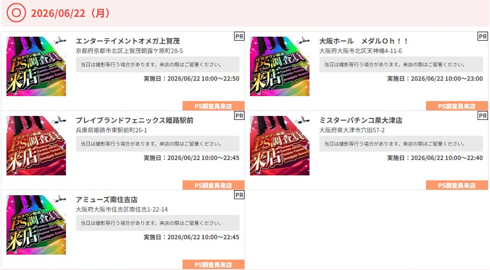 PACHITOWN_PS's tweet photo. 6月22日(月)
ぱちタウン厳選PS調査員来店

【 関西 】
🚩大阪府
➡アミューズ南住吉店
➡ミスターパチンコ泉大津店
➡大阪ホール メダルＯｈ！！

🚩兵庫県
➡プレイブランドフェニックス姫路駅前

🚩京都府
➡エンターテイメントオメガ上賀茂

PS調査員来店
PR https://t.co/tfOTTIVOZ4