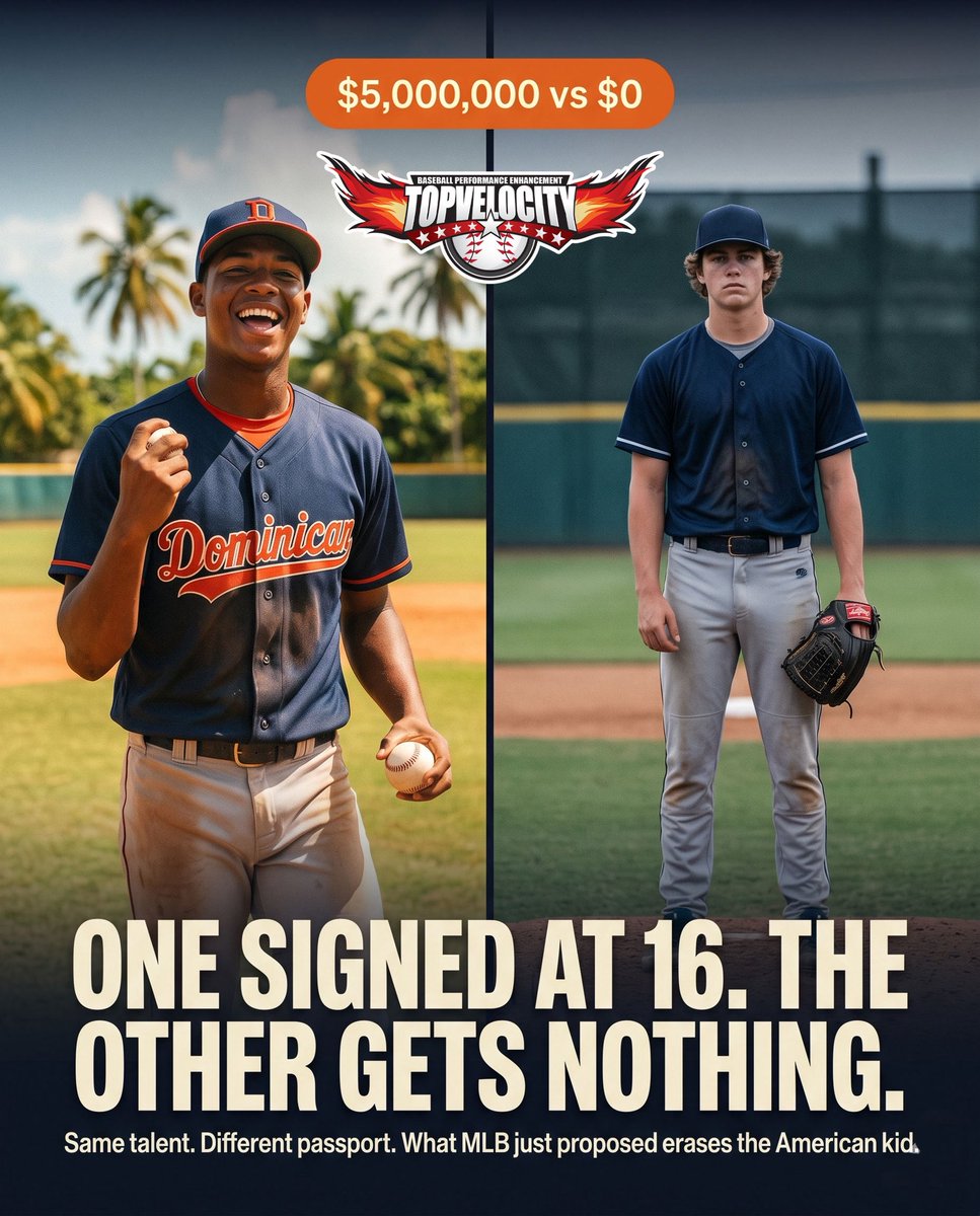TopVelocity's tweet photo. 🚨 Baseball parents need to pay attention.

A 16-year-old in the Dominican Republic can sign for millions.

An American high school player may soon have to wait years for the same opportunity.

Think about that.

MLB teams already spend millions identifying and developing international teenagers. Yet the conversation now is whether American players should even be draft eligible out of high school.

Why?

Because the world has changed.

Baseball isn’t rewarding potential anymore.

It’s rewarding development.

The countries producing the most professional players aren’t winning because their kids are more talented.

They’re winning because they treat development like a profession long before most American players do.

That’s the uncomfortable truth.

If this proposal becomes reality, arguing about fairness won’t matter.

The only thing that will matter is whether your athlete is developing fast enough to stay ahead of the competition.

Velocity.
Power.
Speed.
Strength.
Movement efficiency.

Those are the new currencies of baseball.

The players who measure them, train them, and improve them will create opportunities.

The players who don’t will watch opportunities disappear.

The wake-up call isn’t that MLB is changing the rules.

The wake-up call is that the rest of the world already changed the game.

📈 Know your numbers.
⚾ Identify your gaps.
🚀 Start developing now.

The future belongs to the most developed athlete.

Register today at https://t.co/NDh5zIyzJI

👇 Do you agree with MLB’s proposal? Comment YES or NO.