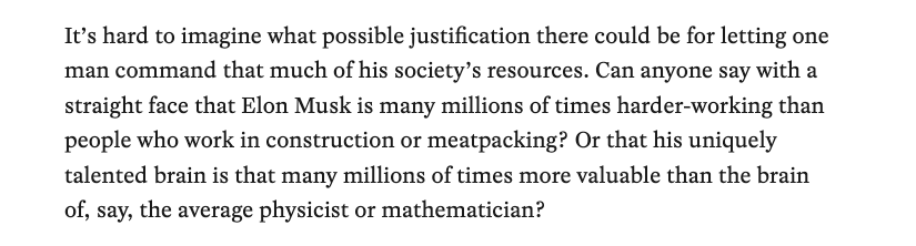 wirkman's tweet photo. Ben Burgis's goofy anti-Elon piece in Jacobin. 

I can say with a straight face that Ben Burgis doesn't understand how capitalism works, or the role of entrepreneurs &amp; managers therein. "Hard work" — what piffle!

The Dumb Guy argument against Elon. 

Which is mostly what I see. https://t.co/HDVxg2UwvX