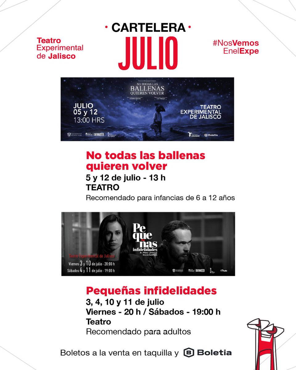 ArtesEsceUDG's tweet photo. Cartelera 𝗷𝘂𝗹𝗶𝗼 del 𝗘𝗫𝗣𝗘:
🐳No todas las ballenas quieren volver
Ulises descubrirá que la aventura más valiente es aprender a escuchar su corazón.
🔪 Pequeñas infidelidades
Una expareja se enfrenta a una cadena de intrigas, mentiras y traiciones.
🎟️En taquilla y Boletia https://t.co/TfsddGmmu2