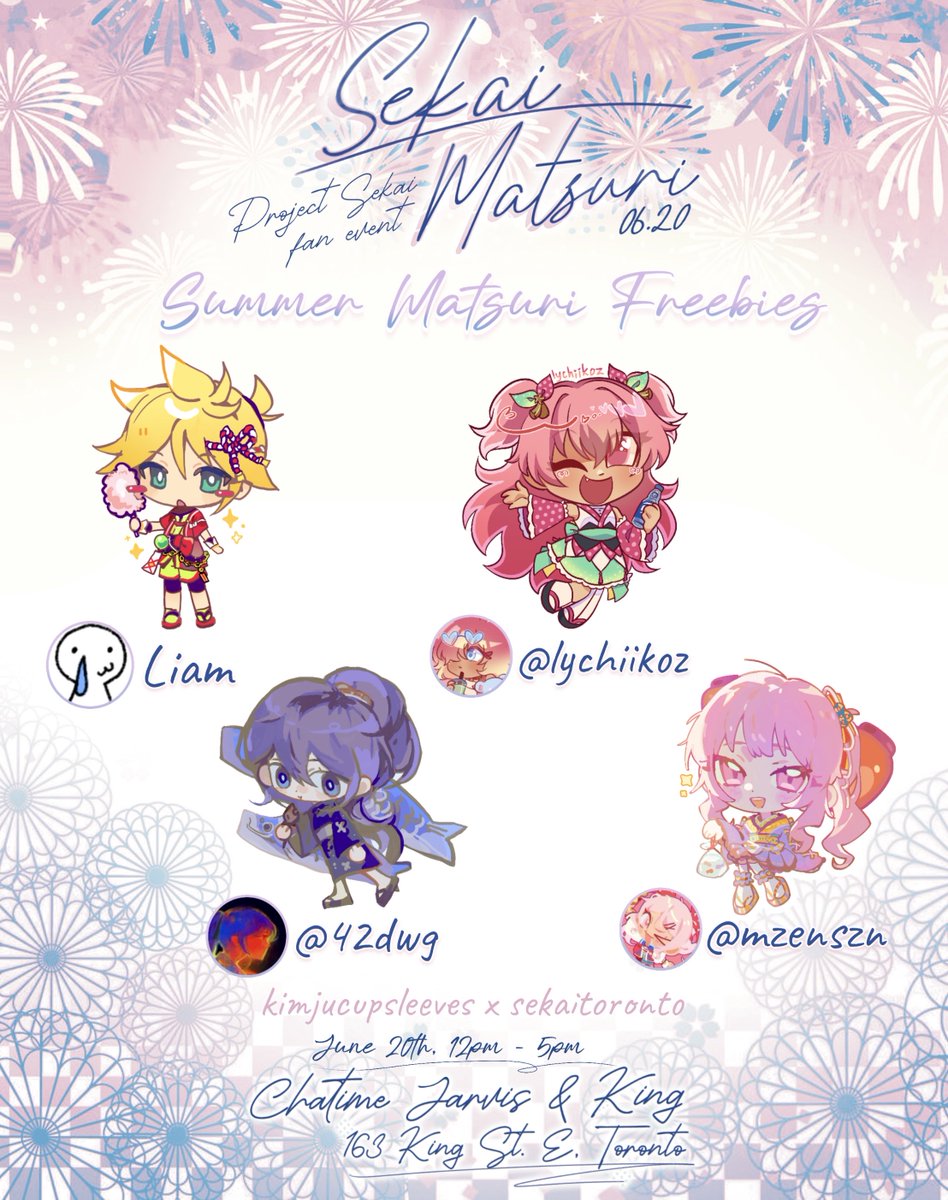 SekaiToronto's tweet photo. Please take a look at and support all of our amazing artists for this event! 

🎇 Summer Matsuri Freebies

💙 Leo/need postcard: @le0niigo
💛 Len sticker: Liam
🩷 Airi sticker: @lychiikoz 
💜 Mafuyu sticker: @junhuans 
💝 Mizuki sticker: @mzenszn 
🪭 Handfan: @heartorbits https://t.co/m4BPG1RGJE