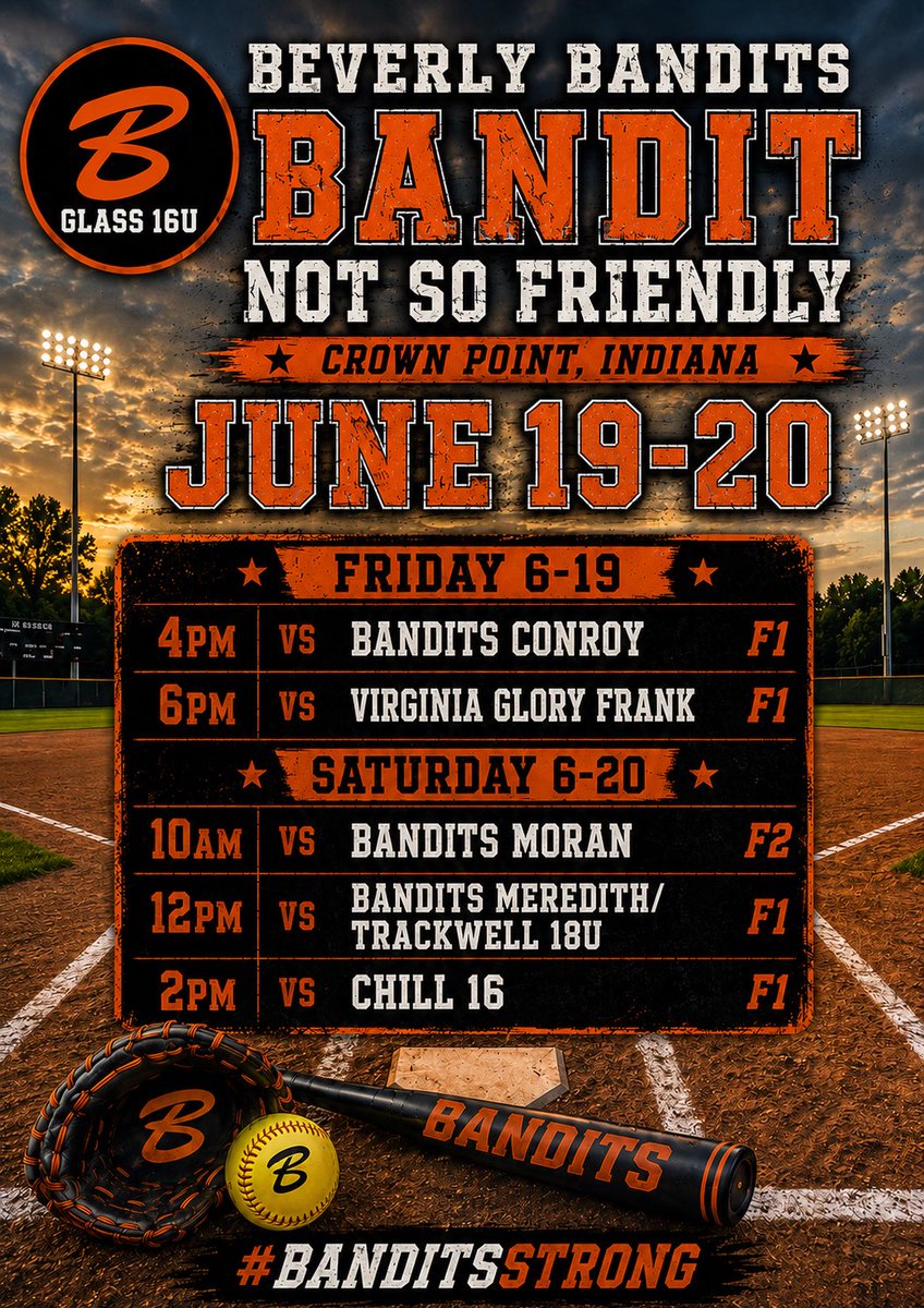 Kyndallj28's tweet photo. Our schedule for the Bandit Not-So-Friendly in Crown Point, Indiana! I can’t wait for a weekend full of great competition!

@UKCoachHimes @UKCoachLawson @BrittCerv14 @ExtraInningSB @LineDsoftball @BanditsGlass  @Coach_SniderSB @BethTorina @Tpleasants17 @HWDobson @UACoachMurphy @CoastRecruits @D1Softball @TopPreps @BrenttEads @LalondeSoftball @los_stuff @ashleychastain @jjpower19 @UofL_CoachHolly  @GriffJ_13 @sabbyBsabs @KarenWeekly @Coach_SniderSB @MRhodesSmith @CoachNealPT @LSU_SandraMoton @Coach2K_OSU @Coach_mcGuem @CoachCourtOSU @CoachZack21 @PrepSoftball @SoftbalAmerica @NCAASoftball @SBRRetweets  @CoastRecruits @SportPrepX @PGFnetwork  @TopPreps @tagupSoftball @gatorjack72 @CoachBBuchanan @2Ganeff @NDsoftball @BradyVernon