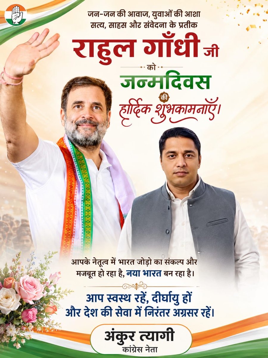 AnkurtyagiINC's tweet photo. जननायक, युवाओं की आवाज़ और देश के करोड़ों लोगों की उम्मीद, नेता प्रतिपक्ष श्री राहुल गांधी जी को जन्मदिन की हार्दिक बधाई एवं शुभकामनाएँ।

#HappyBirthdayRahulGandhi

@RahulGandhi https://t.co/Dw3svniyrt