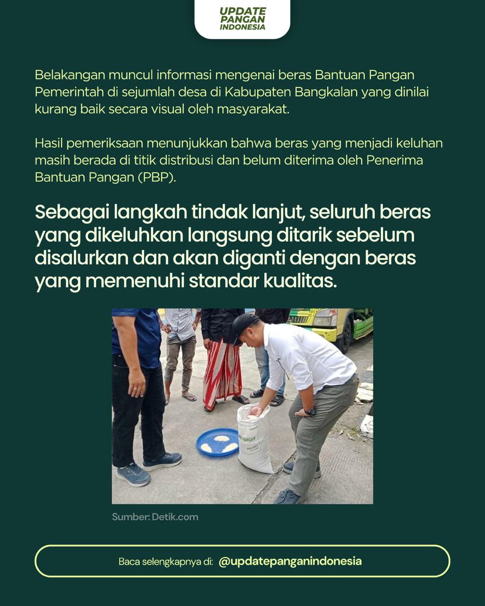 BULOG_Mkw's tweet photo. Beras Bantuan Pangan di Bangkalan sempat jadi perhatian karena dinilai kurang baik secara visual.
Hasil pemeriksaan menunjukkan beras masih berada di titik distribusi dan belum diterima Penerima Bantuan Pangan (PBP). Beras tersebut pun langsung ditarik untuk diganti sesuai standa https://t.co/Mxdt06ufRM