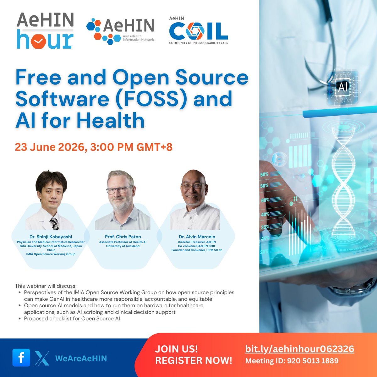 WeAreAeHIN's tweet photo. 🚀 Join our next #AeHINCOIL webinar to explore open-source AI in healthcare!

📅 23 June 2026, 3:00 PM GMT+8
🔗 https://t.co/Oyauu0opA9

In this session, we will:
💡 Hear insights from the IMIA Open Source Working Group on open-source principles for Generative #AI in healthcare, including the differences between open-weight and open-access models and why they matter

🧱 Learn how open standards such as #openEHR and HL7 #FHIR provide the foundation for trustworthy AI systems

🤖 Discover practical approaches to running open-source AI models on healthcare hardware for applications such as AI scribing and clinical decision support

📋 Review a proposed checklist for evaluating and implementing open-source AI

This webinar is open to all, so go ahead and share this with your colleagues!
