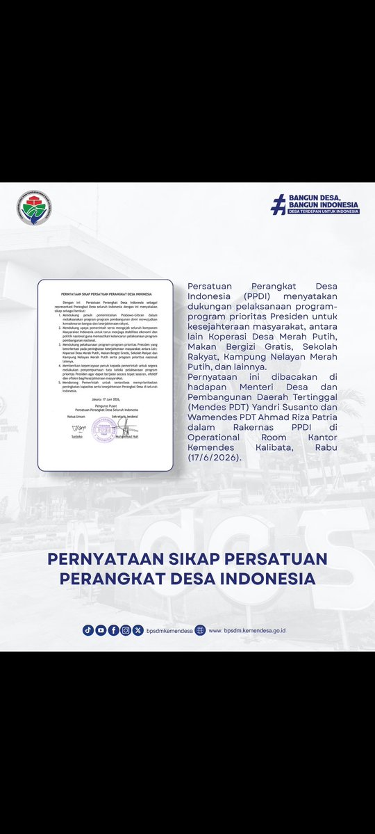 RonalVendra's tweet photo. Menteri Desa PDT, Yandri Susanto, menyambut positif deklarasi dukungan Perangkat Desa terhadap Program KDMP dan MBG pada Rakernas PPDI. Program ini dinilai berdampak langsung bagi masyarakat desa.

#KementerianDesaPDT #KDMPdanMBGProgramStrategis #BangunDesaBangunIndonesia https://t.co/NjhHDDJ0xq