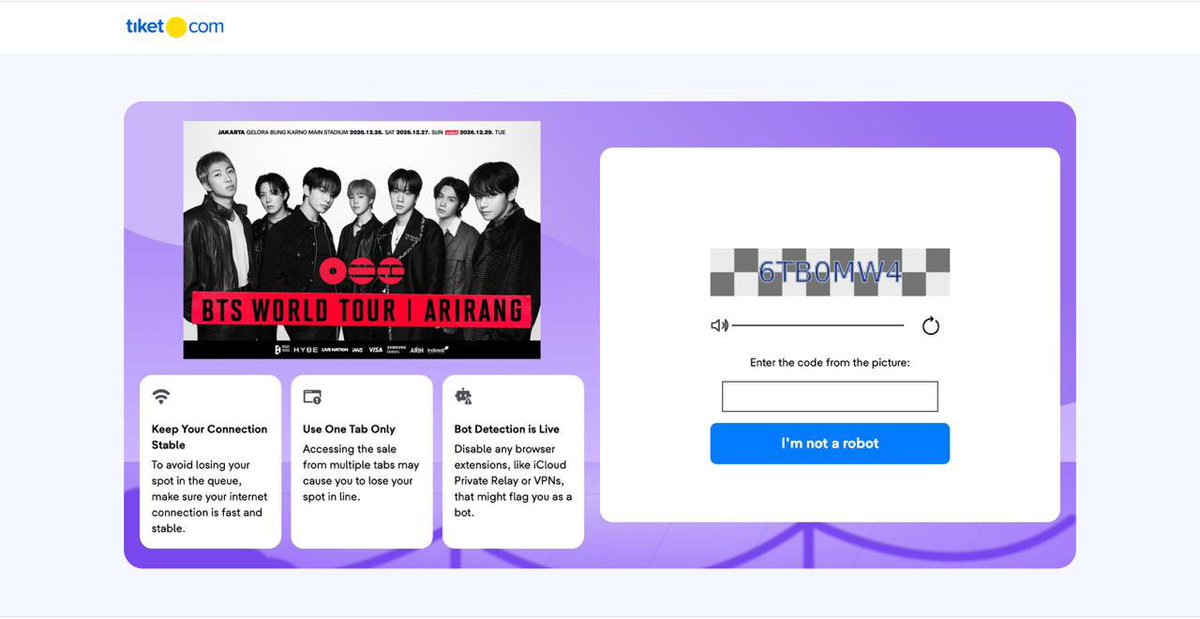 hyldahelida's tweet photo. ime dan tikom keliatan mulai bebenah dan belajar dari war kemaren, buat war day 3 sekarang sebelum masuk antrian, kita disuruh isi captcha dulu, ini meminimalisir bot-bot kayak kemaren. dan kalo selama 2 menit kita gak isi captcha itu, kita akan “Go Back in Line”.

semoga hari ini yang bener-bener secured tiketnya adalah army-army yang udah lama nunggu momen buat ketemu sama bangtan 💜