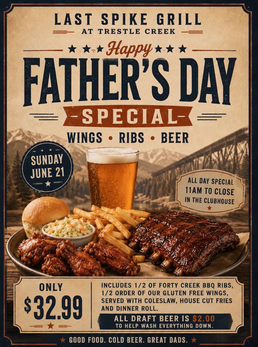 trestlecreekgr's tweet photo. Join us Sunday, June 21 for our #Fathersday Special available all day! PLUS every great meal deserves a great drink, all draft beer is just $2 to help wash everything down!🍻 Treat Dad, Grandpa or the whole family, we’ve got the perfect spot. Call ahead 780-727-4575 ext2 to book! https://t.co/VsiT2YqWdY