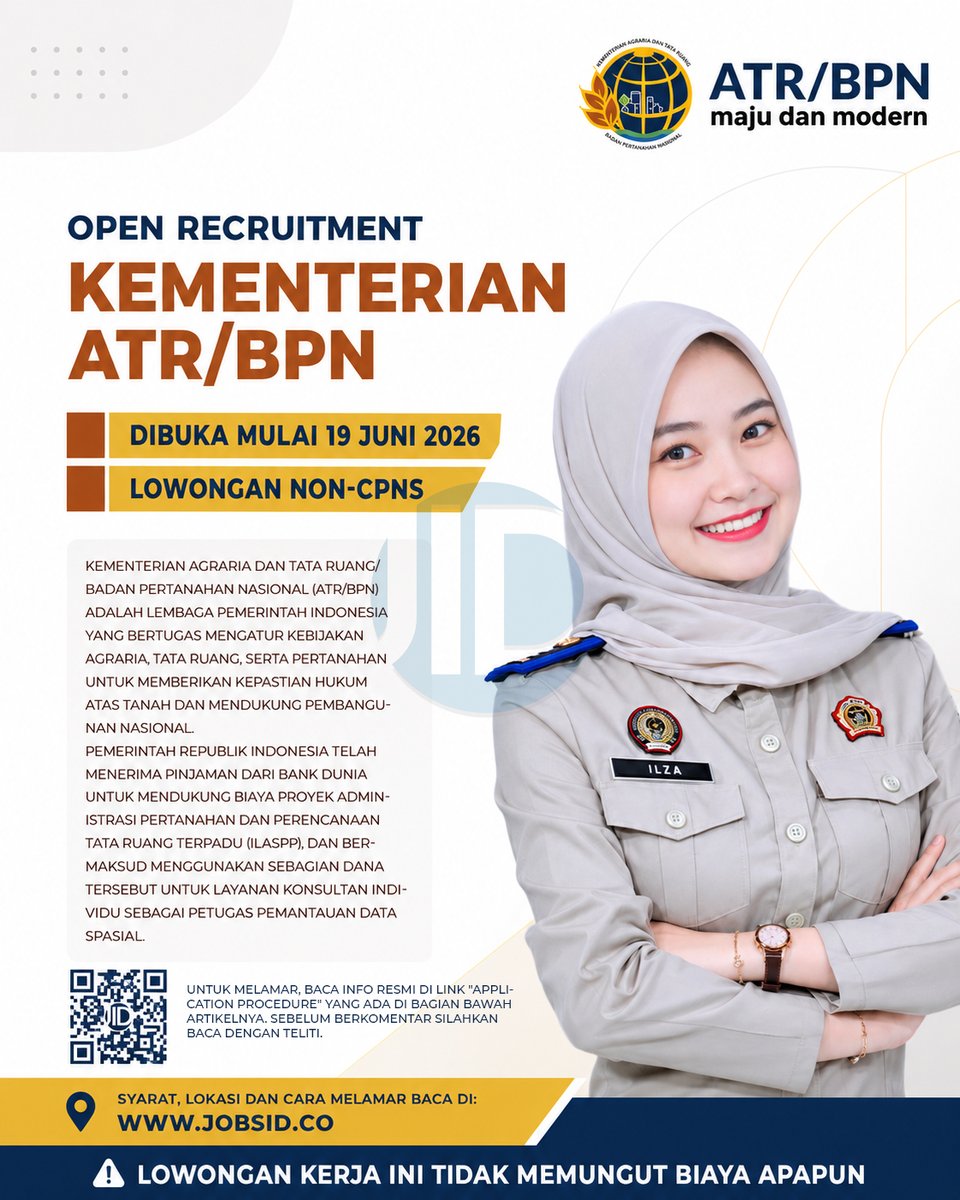 twitlowongan's tweet photo. DIBUKA LAGI #Lowongan Kementerian ATR/BPN, Dibuka Mulai 19 Juni 2026. Syarat, Lokasi &amp; Cara Melamar Baca Di: https://t.co/j0Gu9A6Q0C https://t.co/4eWXw7Zwxs