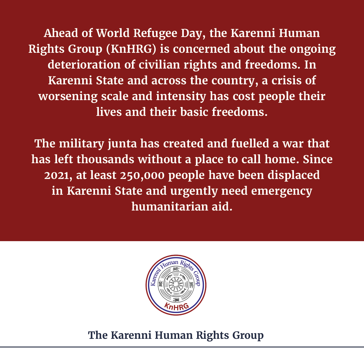 KarenniHR's tweet photo. Ahead of #WorldRefugeeDay, KnHRG reiterates that refugee rights are human rights. We call for a compassionate, coordinated effort to ensure they are protected and that their dignity is upheld. 

👉Our statement in full: https://t.co/wNIGy5IDbQ https://t.co/X3oD5TDQ0m